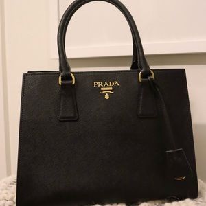 Prada Lux Saffiano Medium Handbag Black Leather Satchel.